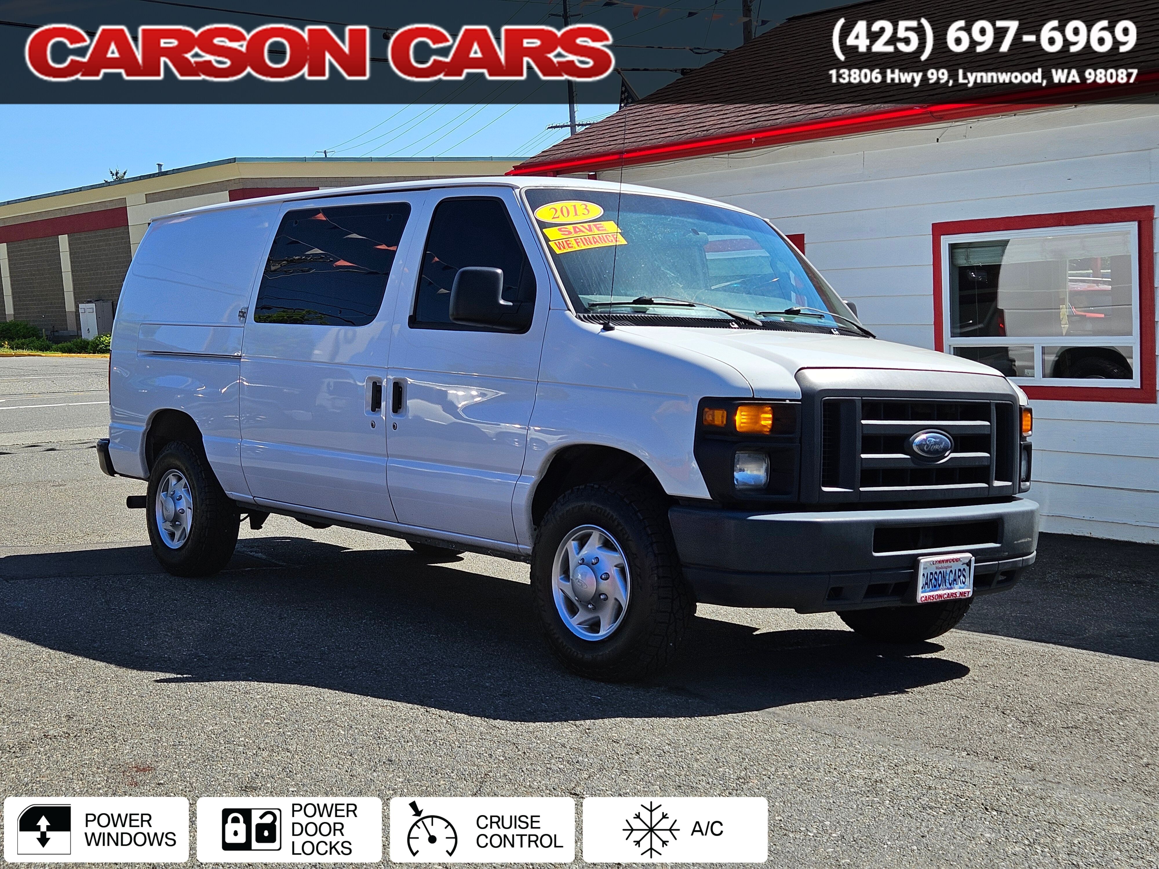 2013 Oxford White Ford Econoline Cargo Van for Sale In Lynnwood WA - Everett WA - Seattle WA at Carson Cars Stock 35504 VIN 1FTNE2EL1DDA38485