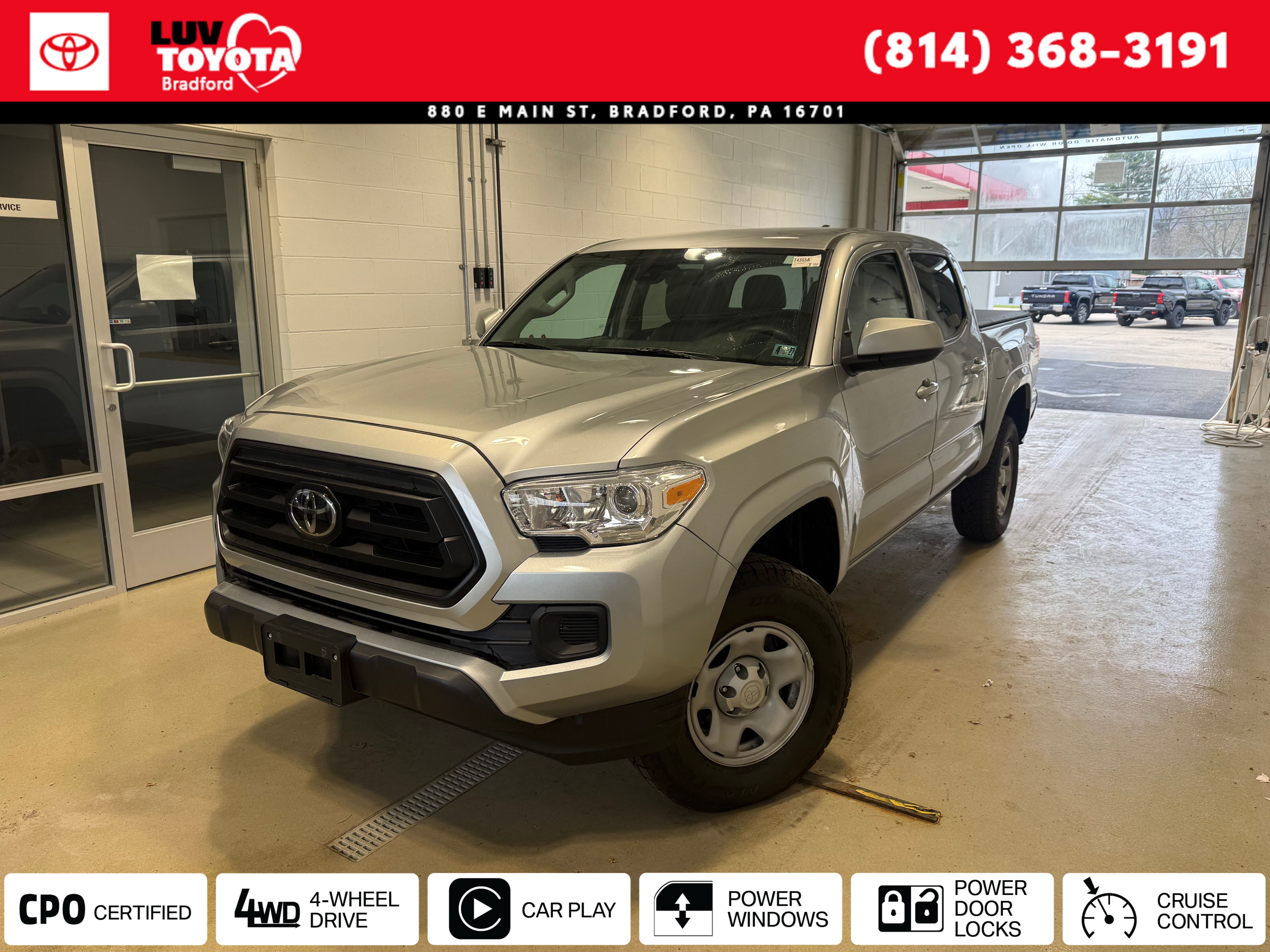 White 2023 Toyota Tacoma SR V6 Double Cab 4WD Pickup Truck Four-Wheel Drive 6-Speed Automatic