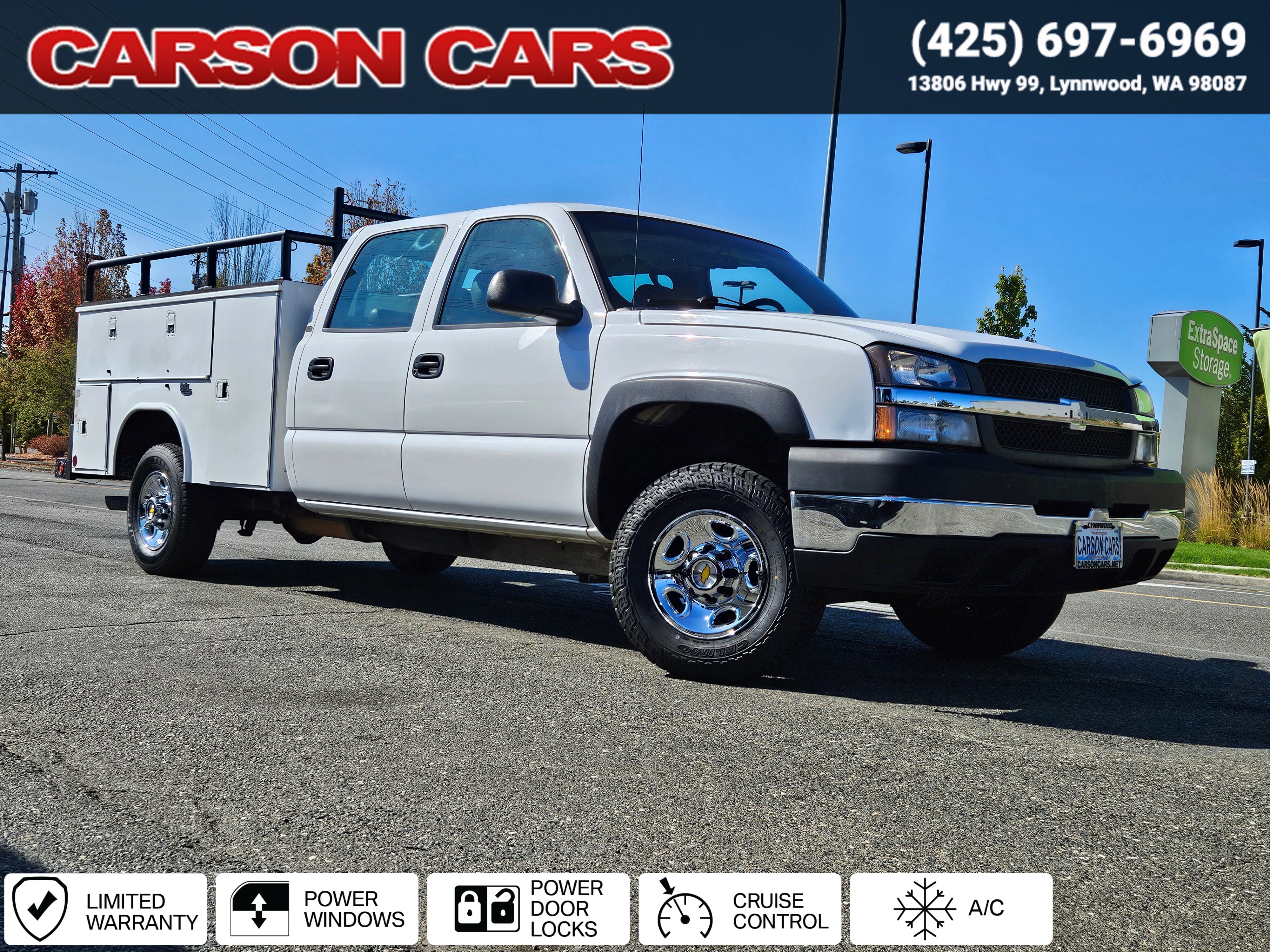 2004 White Chevrolet Silverado 2500 4WD for Sale In Lynnwood WA - Everett WA - Seattle WA at Carson Cars Stock 36424 VIN 1GBHC23U74F145113
