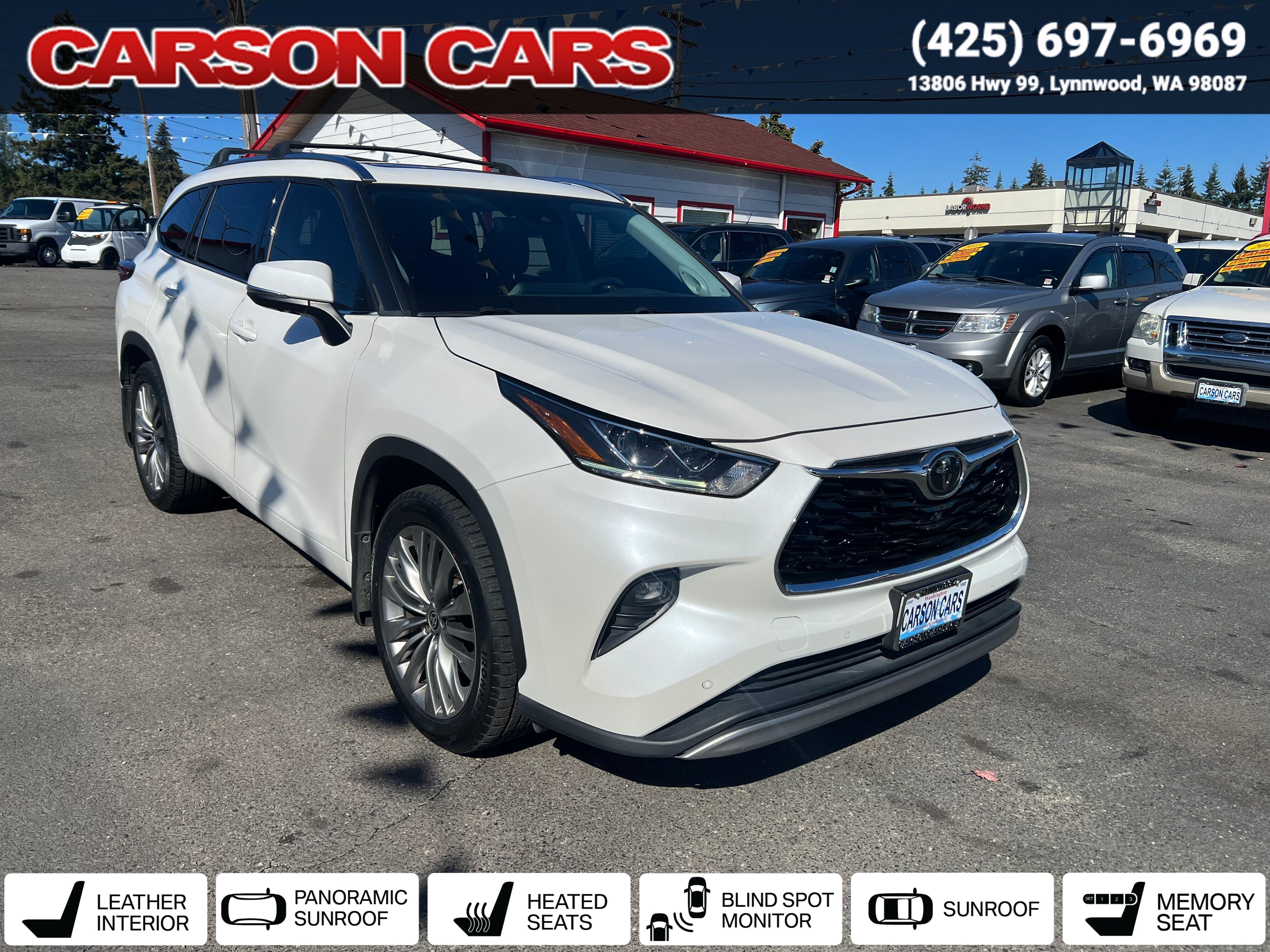 2021 Blizzard Pearl Toyota Highlander for Sale In Lynnwood WA - Everett WA - Seattle WA at Carson Cars Stock 36571 VIN 5TDFZRBH5MS061225