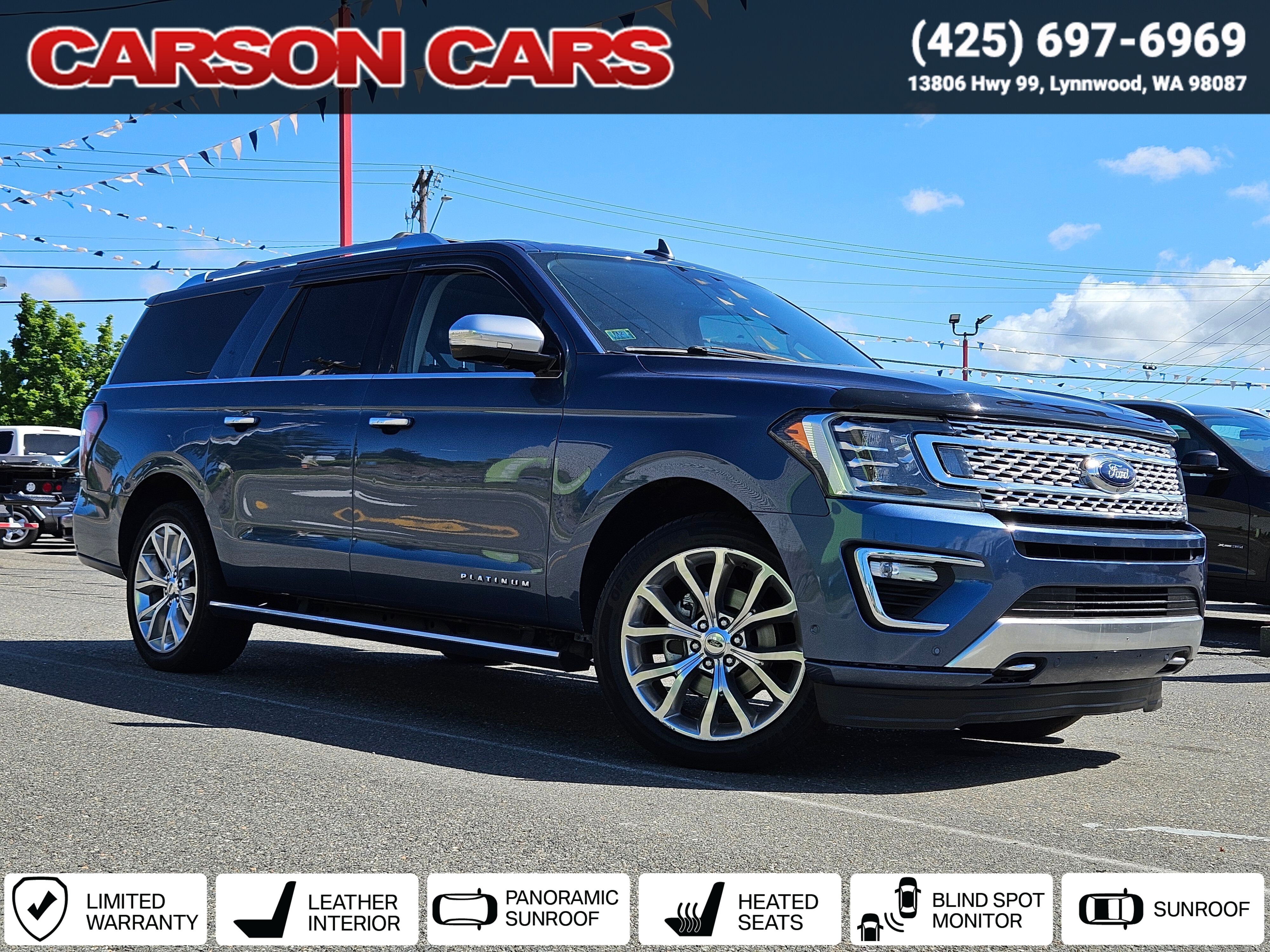 2019 Blue Metallic Ford Expedition Max for Sale In Lynnwood WA - Everett WA - Seattle WA at Carson Cars Stock 36468 VIN 1FMJK1MT8KEA65690