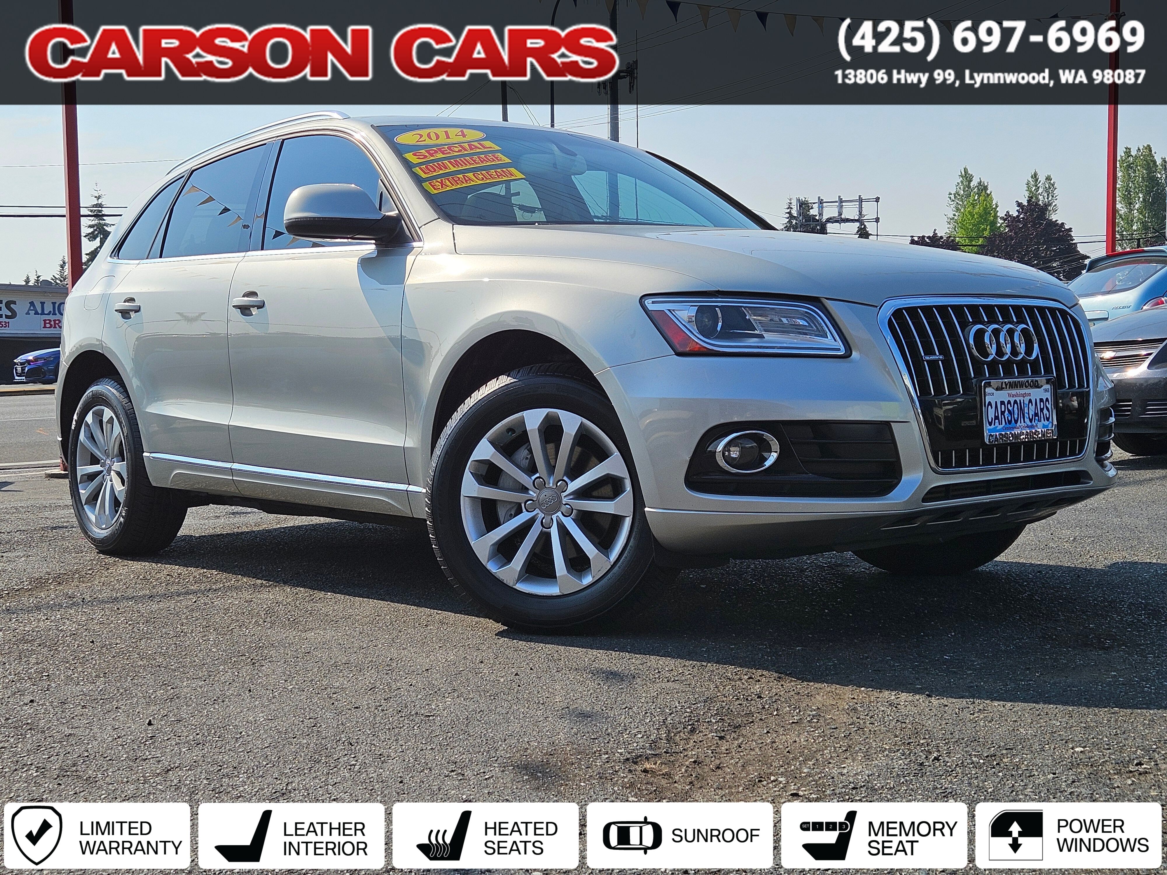 2014 Ice Silver Metallic Audi Q5 for Sale In Lynnwood WA - Everett WA - Seattle WA at Carson Cars Stock 36400 VIN WA1LFAFPXEA098164